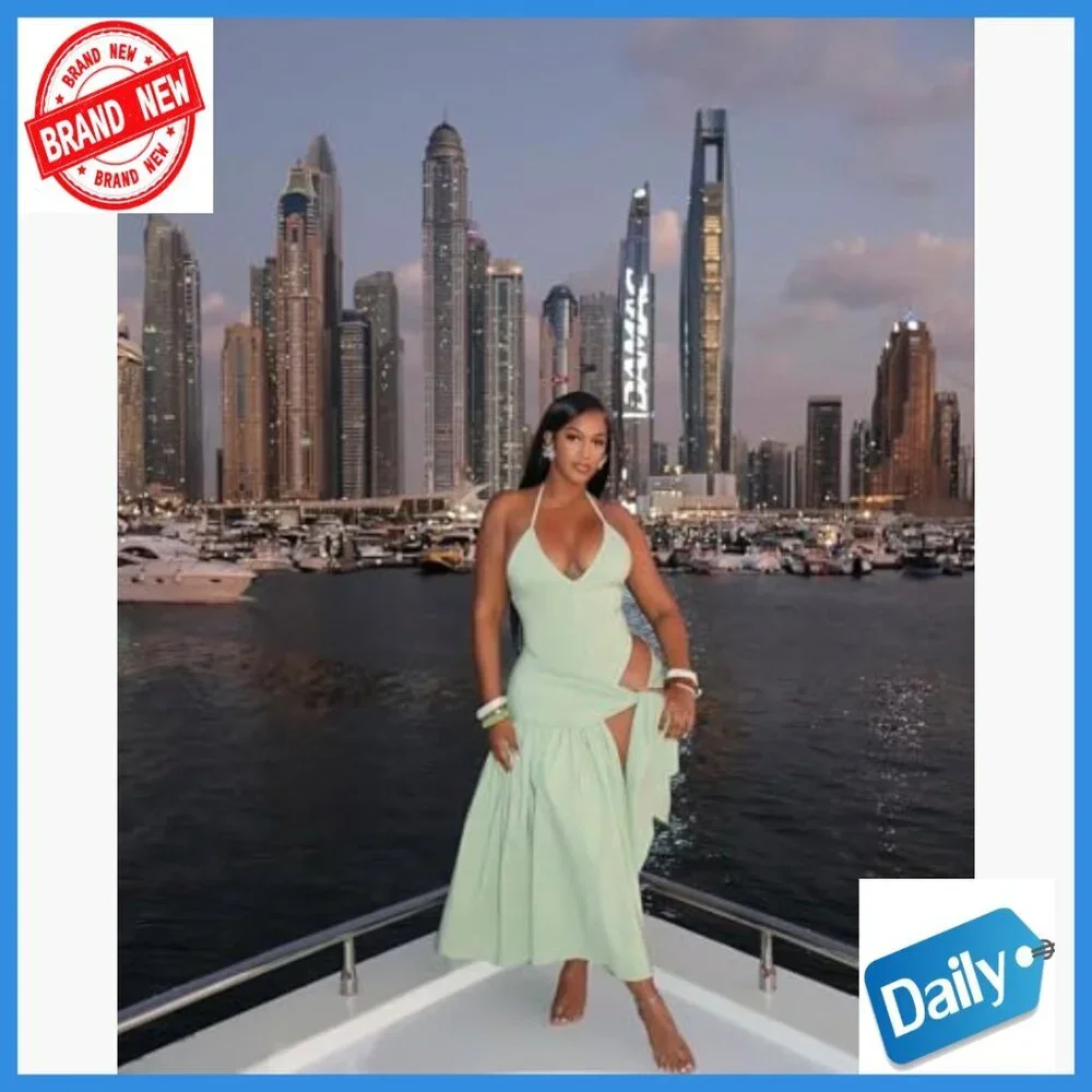 2-Piece Maxi Skirt Set with Bodysuit Top, V-Neck Halter Coverup